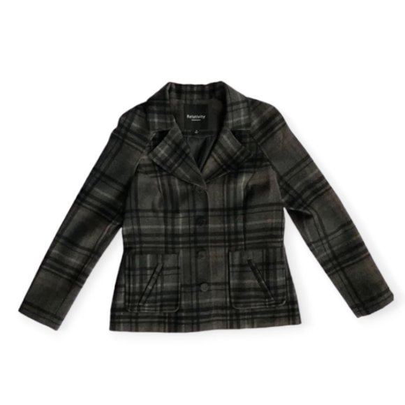 Relativity Wool Plaid Jacket Brown Black Button up with Pockets Women's Small - Picture 1 of 8